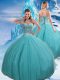 Trendy Aqua Blue Sleeveless Floor Length Beading and Sequins Lace Up Quinceanera Gown