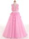 New Arrival Rose Pink Zipper Scoop Appliques and Bowknot Little Girl Pageant Dress Tulle Sleeveless