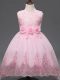 Baby Pink Tulle Zipper Girls Pageant Dresses Sleeveless High Low Lace and Appliques and Bowknot and Hand Made Flower