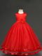Trendy Red Ball Gowns Tulle Scoop Sleeveless Hand Made Flower Floor Length Zipper Little Girls Pageant Gowns