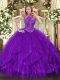 Fancy Purple Ball Gowns Beading and Ruffles 15th Birthday Dress Zipper Tulle Sleeveless Floor Length