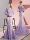 Scoop Long Sleeves Prom Dresses Sweep Train Beading and Appliques Lavender Tulle
