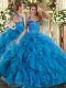 Custom Fit Ball Gowns 15 Quinceanera Dress Blue Halter Top Tulle Sleeveless Floor Length Lace Up Custom Fit Ball Gowns 15 Quinceanera Dress Blue Halter Top Tulle Sleeveless Floor Length Lace Up