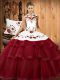Sleeveless With Train Embroidery and Ruffled Layers Lace Up Vestidos de Quinceanera with Wine Red Sweep Train