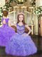 Simple Scoop Sleeveless Evening Gowns Floor Length Beading and Ruffles and Pick Ups Lavender Organza