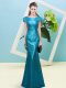 Floor Length Teal Prom Evening Gown Scoop Cap Sleeves Zipper Floor Length Teal Prom Evening Gown Scoop Cap Sleeves Zipper