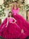Custom Fit Fuchsia Tulle Lace Up Halter Top Sleeveless Floor Length Quinceanera Gown Ruffles