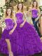 Charming Purple Strapless Lace Up Beading and Ruffles Quinceanera Gown Sleeveless
