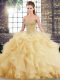Delicate Gold Ball Gowns Sweetheart Sleeveless Tulle Brush Train Lace Up Beading and Ruffles Vestidos de Quinceanera Delicate Gold Ball Gowns Sweetheart Sleeveless Tulle Brush Train Lace Up Beading and Ruffles Vestidos de Quinceanera