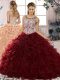 Sweet Sleeveless Organza Floor Length Lace Up Quinceanera Gown in Burgundy with Beading and Ruffles