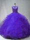 Custom Made Purple Lace Up Quinceanera Gown Beading and Ruffles Sleeveless Brush Train