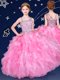 Deluxe Rose Pink Organza Zipper Kids Pageant Dress Sleeveless Floor Length Beading and Ruffles