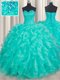 Colorful Turquoise Sleeveless Organza Lace Up Quince Ball Gowns for Military Ball and Sweet 16 and Quinceanera