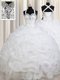 Suitable Straps White Organza Lace Up 15 Quinceanera Dress Sleeveless Floor Length Beading and Ruffles and Pick Ups