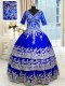 Ruffled Floor Length Royal Blue Quince Ball Gowns V-neck Half Sleeves Zipper