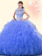 Luxurious Blue Tulle Backless Sweet 16 Dresses Sleeveless Floor Length Beading and Ruffles